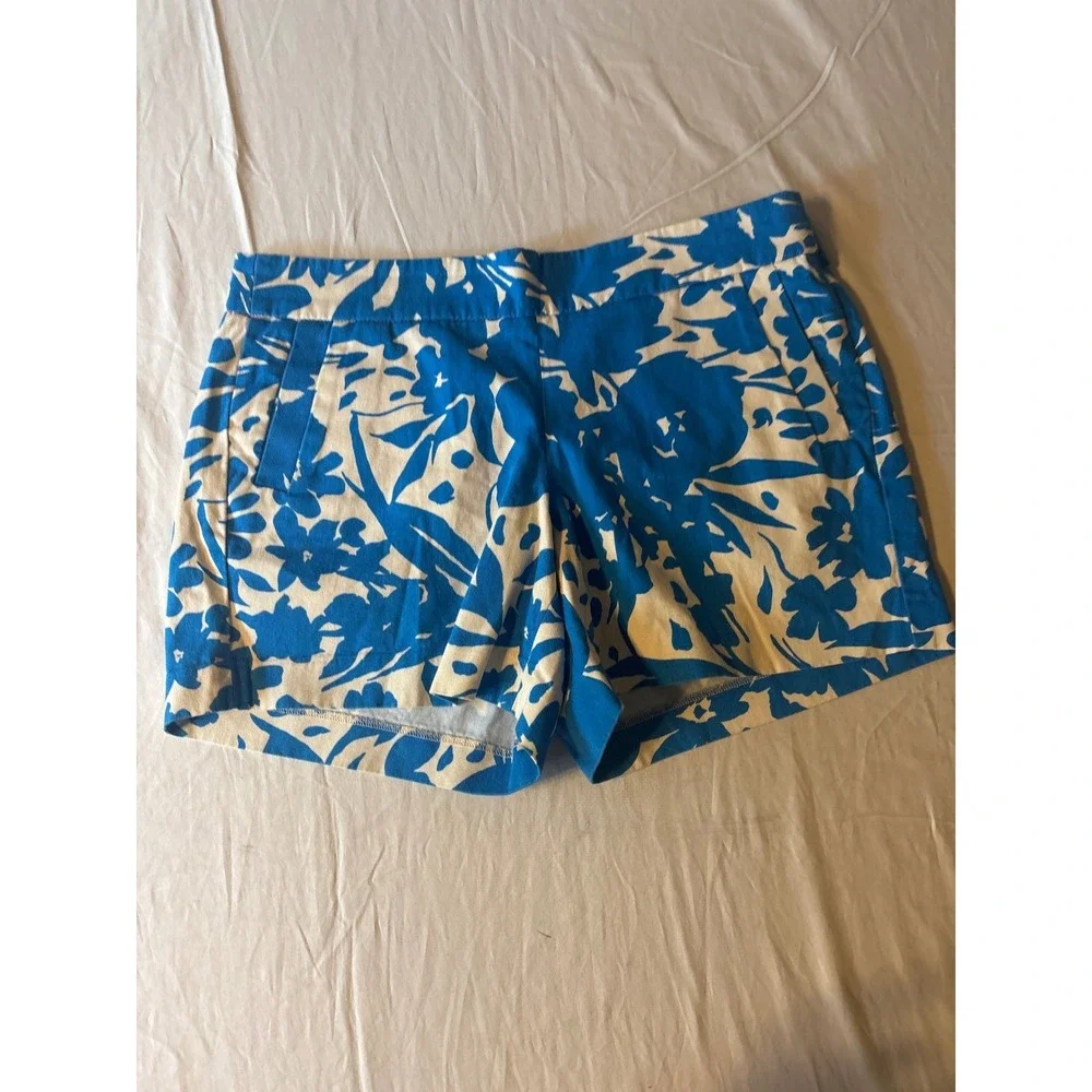 J.crew Floral Print Chino Shorts Womens Size 10 Blue White Mid Rise Side Zipl